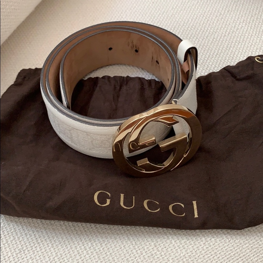 White Gucci Belt with Gold Double G Buckle